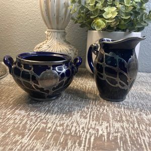 LENOX BELLEEK COBALT, STERLING SILVER OVERLAY DEMITASSE Cream & Sugar engraved